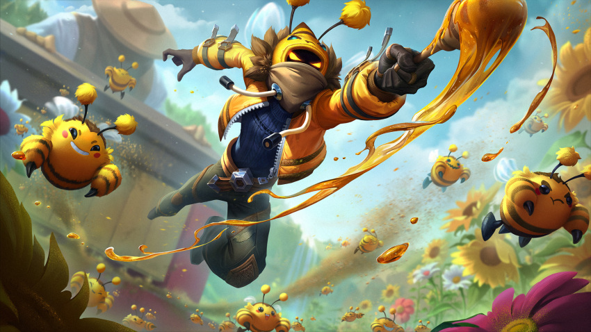 2boys alternate_costume angry artstation_username attack bee bee_hood bee_wings beekeeper_singed beezahar belt belt_pouch black_gloves black_pants blue_shirt blue_sky blush brown_scarf bug closed_eyes cloud flower flying foritis_wang gloves grin hat highres holding holding_staff honey hood hoodie jacket league_of_legends long_sleeves malzahar multiple_boys official_alternate_costume official_art open_clothes open_jacket outdoors outstretched_arm outstretched_hand pants pink_flower pouch scarf shirt singed sky smile solo staff sunflower wings yellow_belt yellow_eyes yellow_gloves yellow_hoodie yellow_jacket