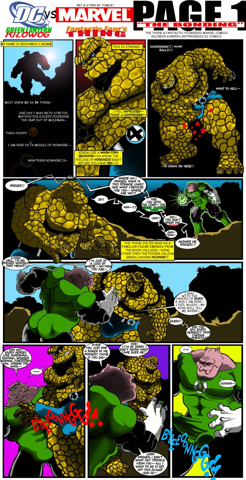 2011 absurd_res alien balls_outline bolovaxian bottomwear bulge clothed clothing comic duo elemental_creature elemental_humanoid english_text erection erection_under_clothing fantastic_four genital_outline green_lantern_(series) hi_res humanoid kilowog male mineral_fauna mineral_humanoid penis_outline rock rock_creature rock_humanoid shorts speech_bubble text the_thing_(marvel) tomcat_(artist)