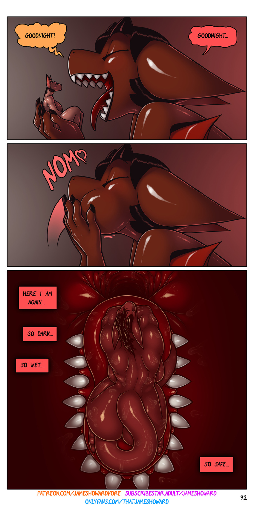 aamon_(james_howard) absurd_res anthro bat comic demon dialogue duo gynomorph hi_res internal intersex intersex/male james_howard male mammal minigirl onlyfans patreon size_difference subscribestar tina_(james_howard) vore
