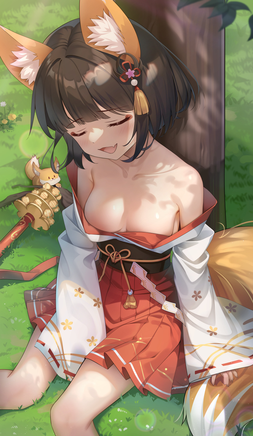 1girl :d absurdres against_tree animal_ear_fluff animal_ears arm_at_side bare_shoulders bell between_legs breasts brown_hair closed_eyes collarbone day fang feet_out_of_frame floral_print fox fox_ears fox_girl fox_tail from_above grass hair_ornament hand_between_legs head_tilt highres japanese_clothes jingle_bell kagura_suzu kimono lens_flare light_blush long_sleeves makeup n3moni off_shoulder on_grass open_mouth orange_ribbon original outdoors pleated_skirt red_skirt ribbon short_hair skin_fang skirt sleeves_past_wrists small_breasts smile solo straight_hair sunlight tail tree white_kimono white_sleeves wide_sleeves