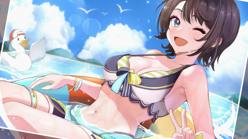 1girl :d afloat bikini bird black_bikini black_hair blue_eyes bracelet breasts cleavage cloud collarbone commentary_request day duck gold_trim hego_0102 highres hololive hololive_summer_2023_swimsuit innertube jewelry lens_flare looking_at_viewer medium_breasts mountainous_horizon navel ocean one_eye_closed oozora_subaru open_mouth short_hair smile solo stomach subaru_duck swimsuit thigh_strap two-tone_bikini v virtual_youtuber white_bikini white_bird