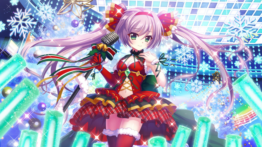 1girl arm_ribbon bell breasts ceiling chain christmas christmas_ornaments christmas_tree cleavage concert diamond_(shape) dot_nose film_grain from_below game_cg gem glowstick gold_chain green_eyes green_gemstone green_ribbon green_skirt hair_intakes hairband hand_on_own_chest holding holding_microphone_stand idol izumi_tsubasu layered_skirt long_hair medium_breasts microphone_stand misaki_sango multicolored_clothes multicolored_ribbon multicolored_skirt musical_note navel neck_garter non-web_source official_art plaid plaid_skirt polka_dot purple_hair re:stage! red_hairband red_ribbon red_skirt red_thighhighs ribbon screen skirt smile snowflakes solo staff_(music) stage stage_lights star_(symbol) stomach thighhighs twintails very_long_hair white_stripes zettai_ryouiki