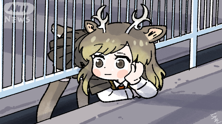 1girl :| animal_ears antlers ap_dul bad_id bad_twitter_id bent_over blush brown_eyes brown_shirt brown_skirt brown_thighhighs chibi closed_mouth commentary_request deer_ears deer_girl deer_tail elbow_rest fence hand_on_own_cheek hand_on_own_face hands_up kemono_friends korean_commentary layered_sleeves legs_apart long_hair long_sleeves looking_away looking_to_the_side miniskirt necktie photo-referenced pleated_skirt red_necktie shirt short_sleeves skirt solo standing stuck tail thighhighs white_sleeves yezo_sika_deer_(kemono_friends) zettai_ryouiki