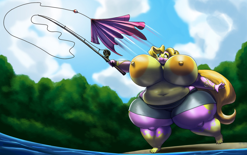 anthro areola big_breasts blonde_hair bottomwear breasts clothed clothing cloud curvy_figure deep_navel dragon female fishing_rod hair hi_res holding_fishing_rod holding_object huge_breasts navel nipples obese obese_anthro obese_female outside overweight overweight_anthro overweight_female plant purple_body purple_scales scales scalie shorts sky solo thick_thighs topless tree vdisco voluptuous wardrobe_malfunction water wide_hips yellow_body yellow_scales