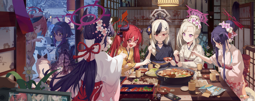 1boy 6+girls absurdres alternate_costume animal_ears aris_(blue_archive) back_bow black_choker black_hair blank_eyes blue_archive blue_flower blue_kimono bow cat_ears character_request check_character chinese_knot choker chopsticks closed_mouth dalian_(1457091741) demon_girl demon_horns drooling ear_piercing floral_print flower food food_request fuuka_(blue_archive) fuuka_(new_year)_(blue_archive) gradient_hair grey_halo hair_between_eyes hair_bun hair_flower hair_ornament hairclip halo haruka_(blue_archive) haruka_(new_year)_(blue_archive) haruna_(blue_archive) haruna_(new_year)_(blue_archive) highres horns indoors japanese_clothes junko_(blue_archive) junko_(new_year)_(blue_archive) kayoko_(blue_archive) kayoko_(new_year)_(blue_archive) keychain kimono koharu_(blue_archive) long_hair long_sleeves mouth_drool multicolored_hair multiple_girls mutsuki_(blue_archive) mutsuki_(new_year)_(blue_archive) obi official_alternate_costume open_mouth petting piercing pink_eyes pink_halo pink_kimono pointy_ears ponytail print_kimono purple_eyes purple_halo red_eyes red_halo sash sensei_(blue_archive) serika_(blue_archive) serika_(new_year)_(blue_archive) serina_(blue_archive) serina_(christmas)_(blue_archive) smile split_mouth streaked_hair taking_picture textless_version twintails white_flower white_hair white_kimono wide_sleeves yellow_kimono