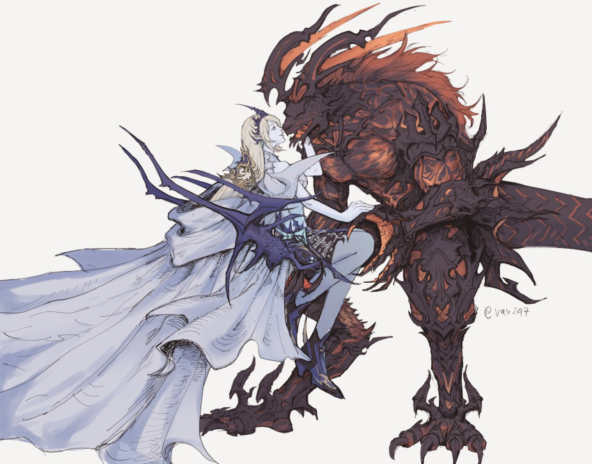 1boy 1girl blonde_hair cape claws fangs final_fantasy final_fantasy_xvi glowing hand_on_own_face highres horns ifrit_(final_fantasy) long_hair looking_at_another monster pale_skin pointy_ears shiva_(final_fantasy) slackertherubycat smile tail tiara white_cape