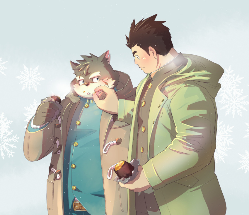 anthro blush canid canine canis clothing domestic_dog duo feeding food human inutora08 jacket jock_protagonist_(tas) lifewonders male male/male mammal moritaka plant protagonist_(tas) romantic romantic_couple snow sweet_potato tokyo_afterschool_summoners topwear vegetable winter