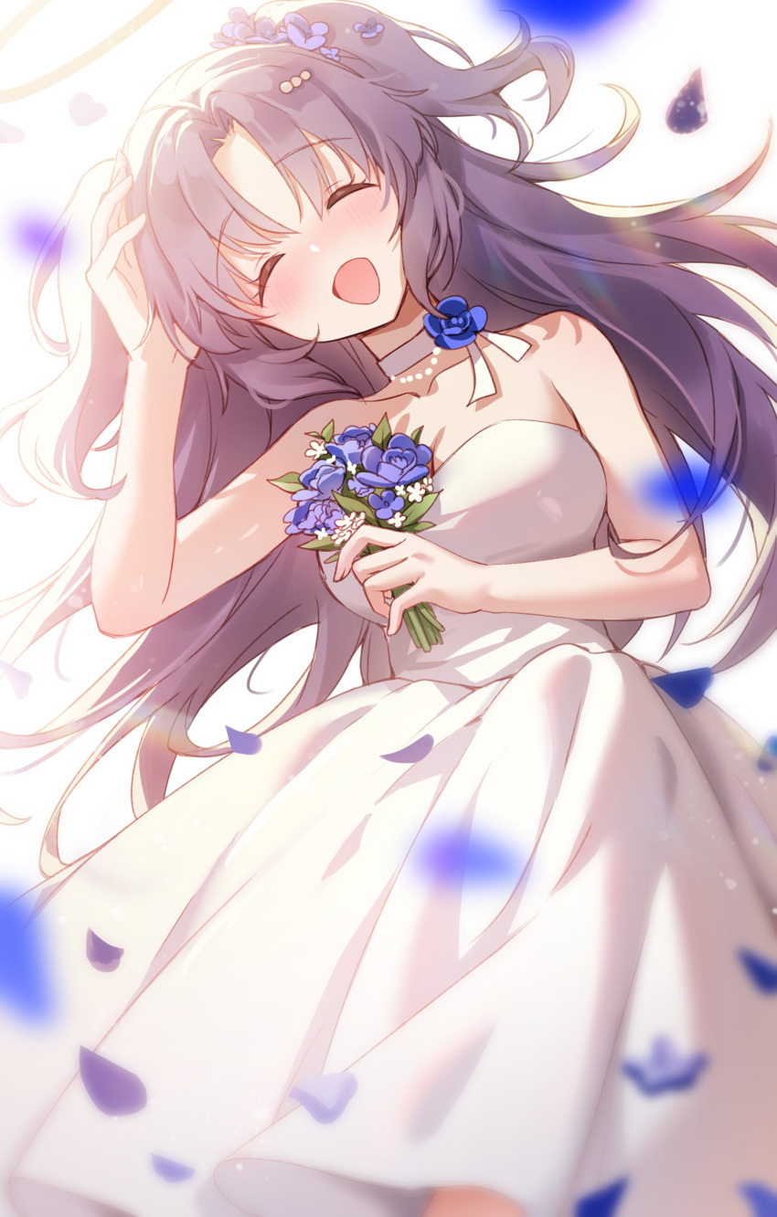 1girl :d ^_^ alternate_costume bare_shoulders blue_archive blurry breasts choker cleavage closed_eyes collarbone commentary_request depth_of_field dress falling_petals flower hair_flower hair_ornament halo head_tilt highres holding holding_flower long_hair looking_at_viewer parted_bangs petals picter purple_hair simple_background sleeveless smile solo strapless strapless_dress two_side_up wedding_dress white_background white_choker white_dress wind yuuka_(blue_archive)