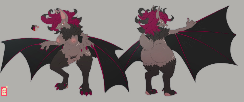 1:1 absurd_res anthro bat big_breasts big_butt breasts butt claws eleanor_zorowing fan_character fangs female generation_5_pokemon genitals grey_body hair hi_res hybrid jooper looking_at_viewer mammal membrane_(anatomy) membranous_wings model_sheet multicolored_hair neck_tuft nintendo nipples nude pokemon pokemon_(species) pussy red_eyes solo standing teeth tuft wings zoroark