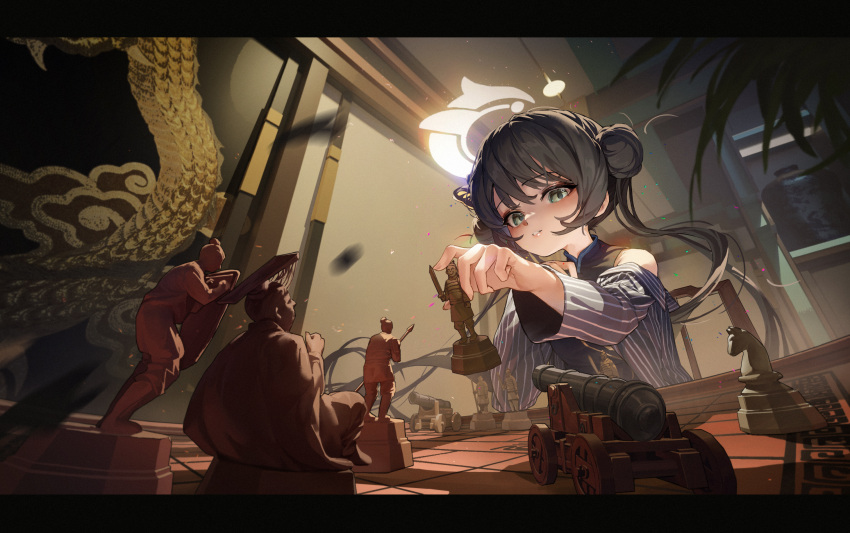 black_dress black_hair blue_archive blue_coat board_game cannon ceiling_light chess chess_piece chessboard china_dress chinese_clothes choppy_bangs coat double_bun dragon_print dress grey_eyes hair_bun halo han_keshi_chao_mang_de highres holding_chess_piece kisaki_(blue_archive) knight_(chess) long_hair mural plant potted_plant siblings sidelocks striped_coat twins very_long_hair