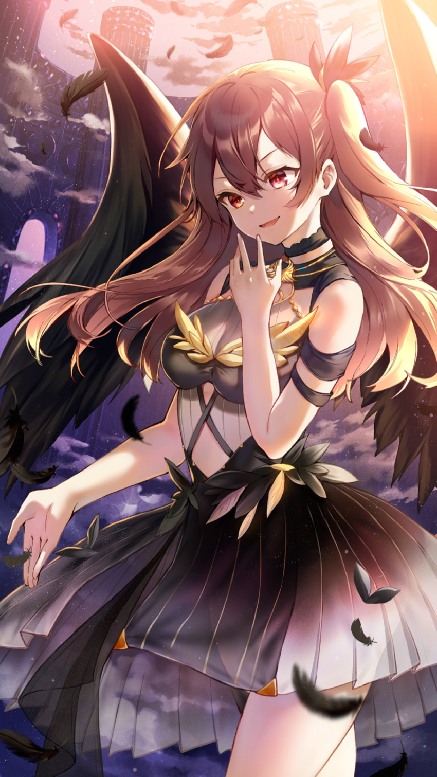 1girl :d bare_arms bare_shoulders black_bow black_dress black_feathers black_wings bow breasts brown_hair clothing_cutout cloud column cowboy_shot dress falling_feathers feathered_wings feathers floating_hair girl_cafe_gun hair_between_eyes hair_bow hand_to_own_mouth hand_up highres irene_white_(girl_cafe_gun) long_hair looking_at_viewer medium_breasts official_art one_side_up pillar pleated_dress red_eyes short_dress short_sleeves shoulder_cutout sidelighting smile solo stomach_cutout twilight underboob_cutout v-shaped_eyebrows wings
