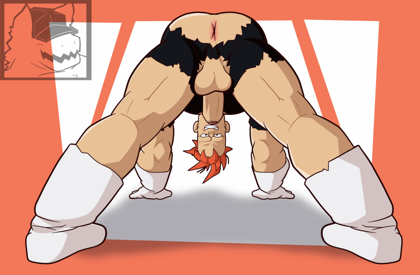 absurd_res alien anus ass_up balls big_butt butt clothing dragon_ball dragon_ball_z eyebrows footwear genitals gloves hair handwear hi_res human male male/male mammal monsterfurryr34 muscular muscular_arms muscular_male not_furry orange_hair penis recoome saggy_balls shoes simple_background smile solo spread_legs spreading teeth_showing thick_eyebrows tight_clothing torn_clothing