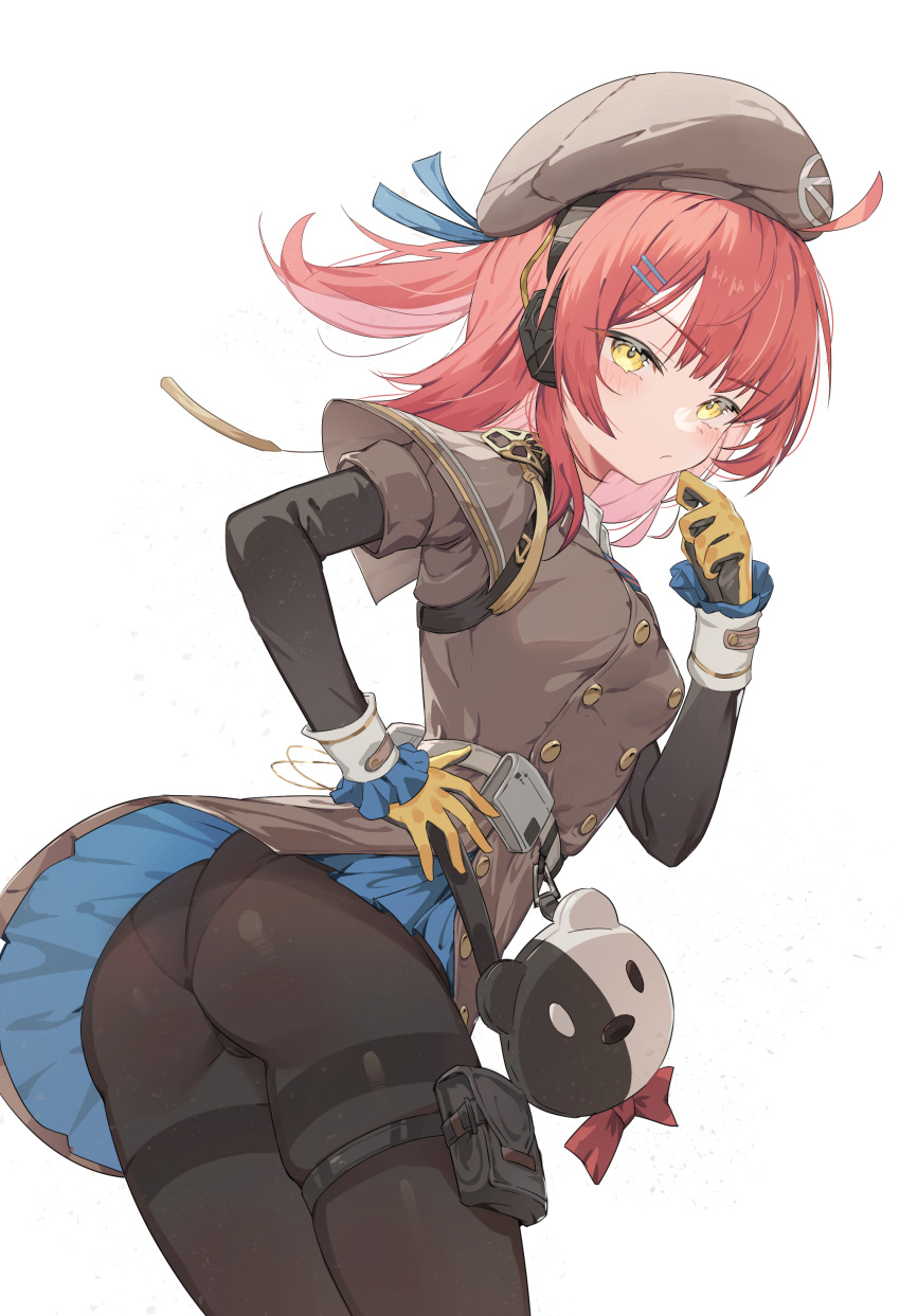 absurdres beret black_pantyhose brown_coat coat from_behind girls'_frontline girls'_frontline_2:_exilium hair_ornament hairclip hand_on_own_hip hand_up hat highres lemures looking_at_viewer looking_back medium_hair mp7_(girls'_frontline) panties pantyhose pantyshot red_hair thigh_pouch thigh_strap thighband_pantyhose two-tone_gloves underwear white_background yellow_eyes