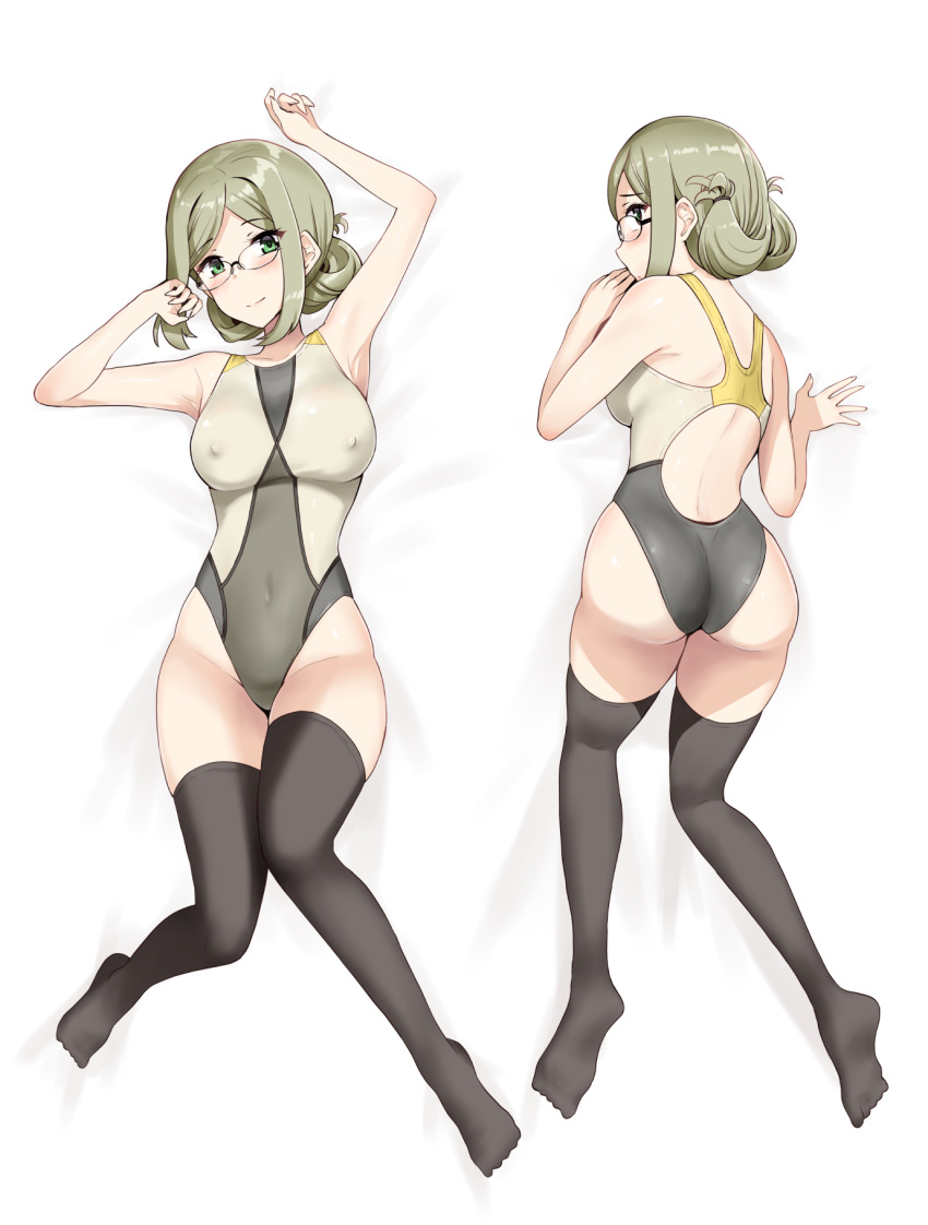 1girl all_fours ass black_thighhighs covered_nipples dakimakura_(medium) folded_ponytail glasses green_eyes grey_one-piece_swimsuit highres kantai_collection katori_(kancolle) light_brown_hair looking_at_viewer lying minase_(takaoka_nanase) multicolored_clothes multicolored_swimsuit multiple_views on_back one-piece_swimsuit parted_bangs swimsuit thighhighs