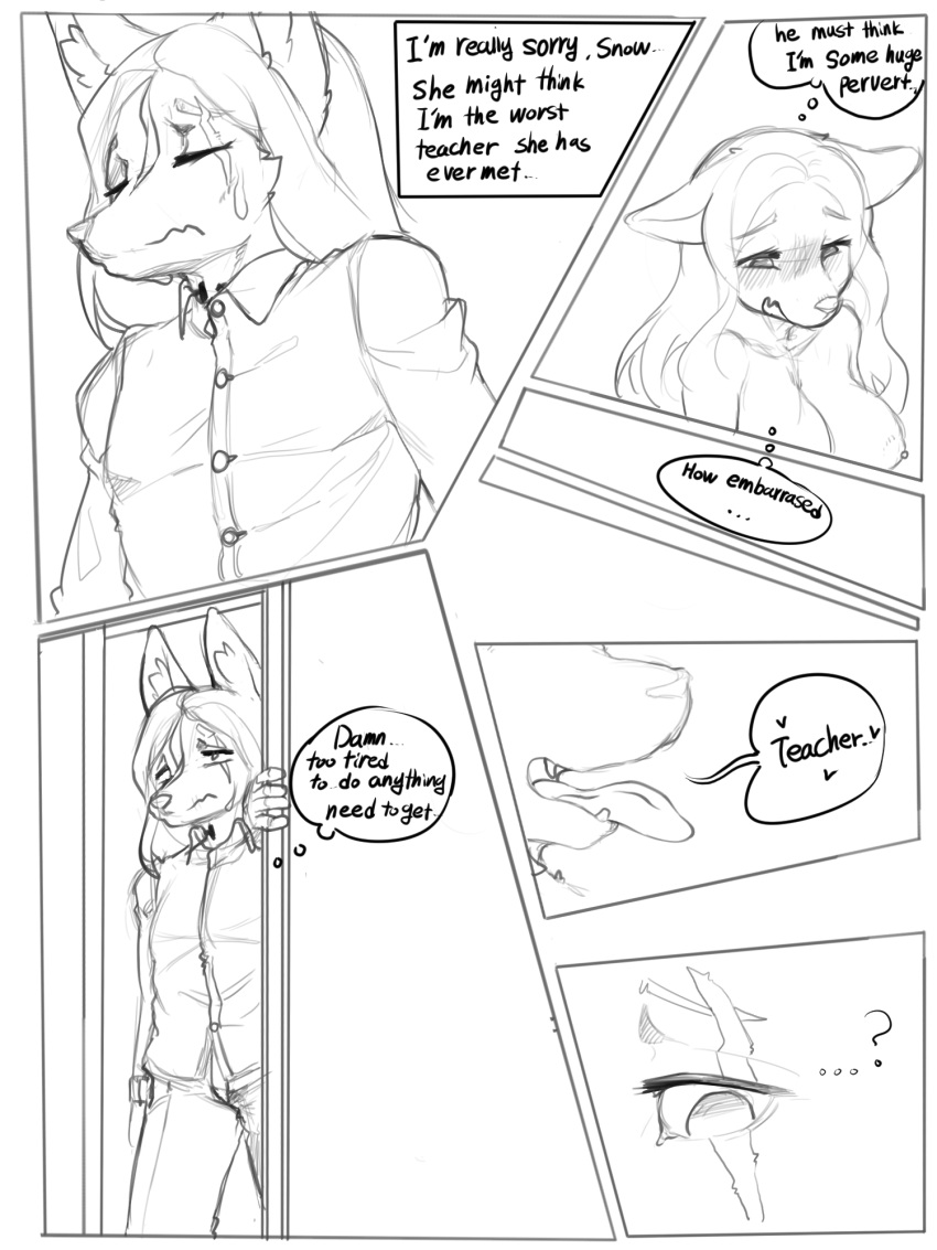 &lt;3 anthro blush blush_lines bodily_fluids breasts canid canine clothed clothing collared_shirt comic doorway english_text eye_scar eyebrows facial_scar female hair hi_res invalid_tag kemono male mammal manga monochrome nipples open_mouth pivoted_ears rapel scar sitting sketch standing student sweat sweatdrop teacher teeth text tongue tongue_out topless