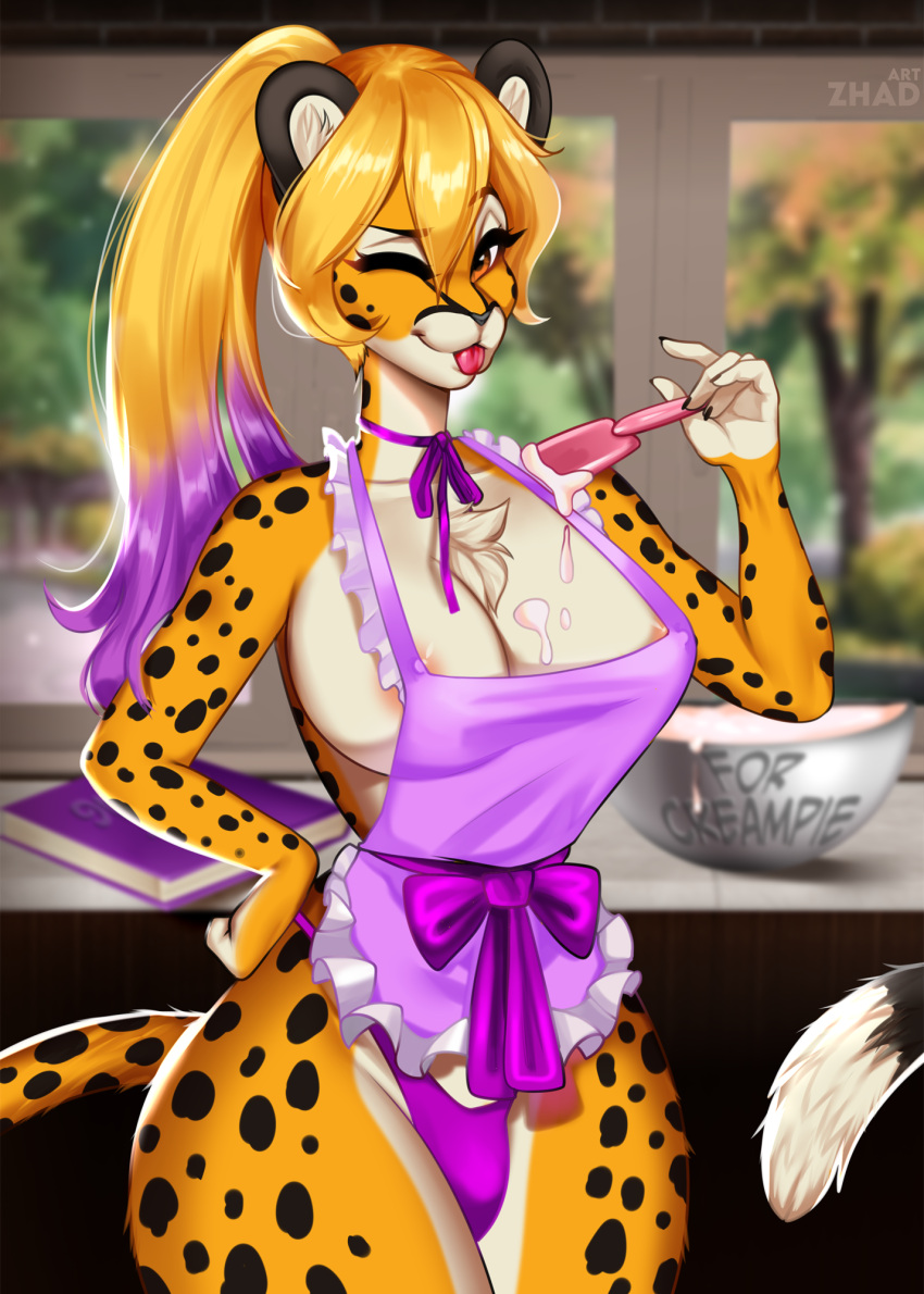 anthro aroused bodily_fluids bowl breasts bulge cheetah clothing container cum cum_in_bowl felid feline genital_fluids gynomorph hi_res intersex kitchen looking_at_viewer luxie_(luxiesafaia) maid_uniform mammal one_eye_closed solo uniform wink winking_at_viewer zhadart