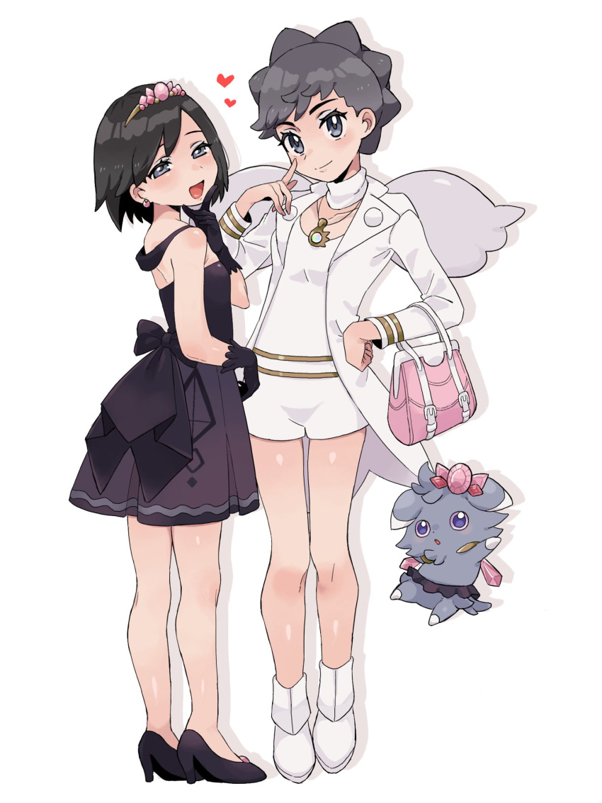 1boy 1girl :d bag black_hair boots calem_(pokemon) closed_mouth coat commentary_request cosplay crossdressing diantha_(pokemon) diantha_(pokemon)_(cosplay) diantha_(sygna_suit)_(pokemon) dress earrings espurr eyelashes gloves grey_eyes hand_on_own_hip hand_up handbag heart highres jewelry knees long_sleeves necklace open_clothes open_coat open_mouth pink_bag pokemon pokemon_(creature) pokemon_masters_ex pokemon_xy sana_(37pisana) shiny_skin short_hair smile standing white_background white_coat white_footwear