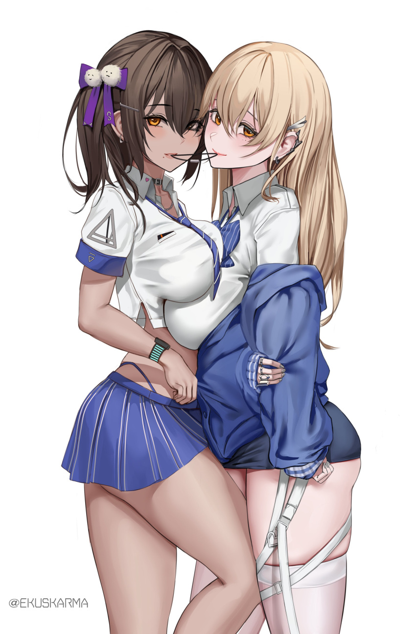 2girls absurdres ass black_choker black_hair black_nails blonde_hair bow bowtie breast_press breasts brown_eyes choker commentary crop_top dark-skinned_female dark_skin earrings ekuskarma goddess_of_victory:_nikke gyaru hair_ornament hair_over_one_eye hair_tie_in_mouth highres jewelry large_breasts long_hair looking_at_viewer loose_necktie miniskirt mole mole_under_mouth mouth_hold multiple_girls naga_(nikke) necktie panty_straps partially_unbuttoned plaid plaid_skirt pom_pom_(clothes) pom_pom_hair_ornament school_uniform serafuku skirt stomach symmetrical_docking thighs tia_(nikke)