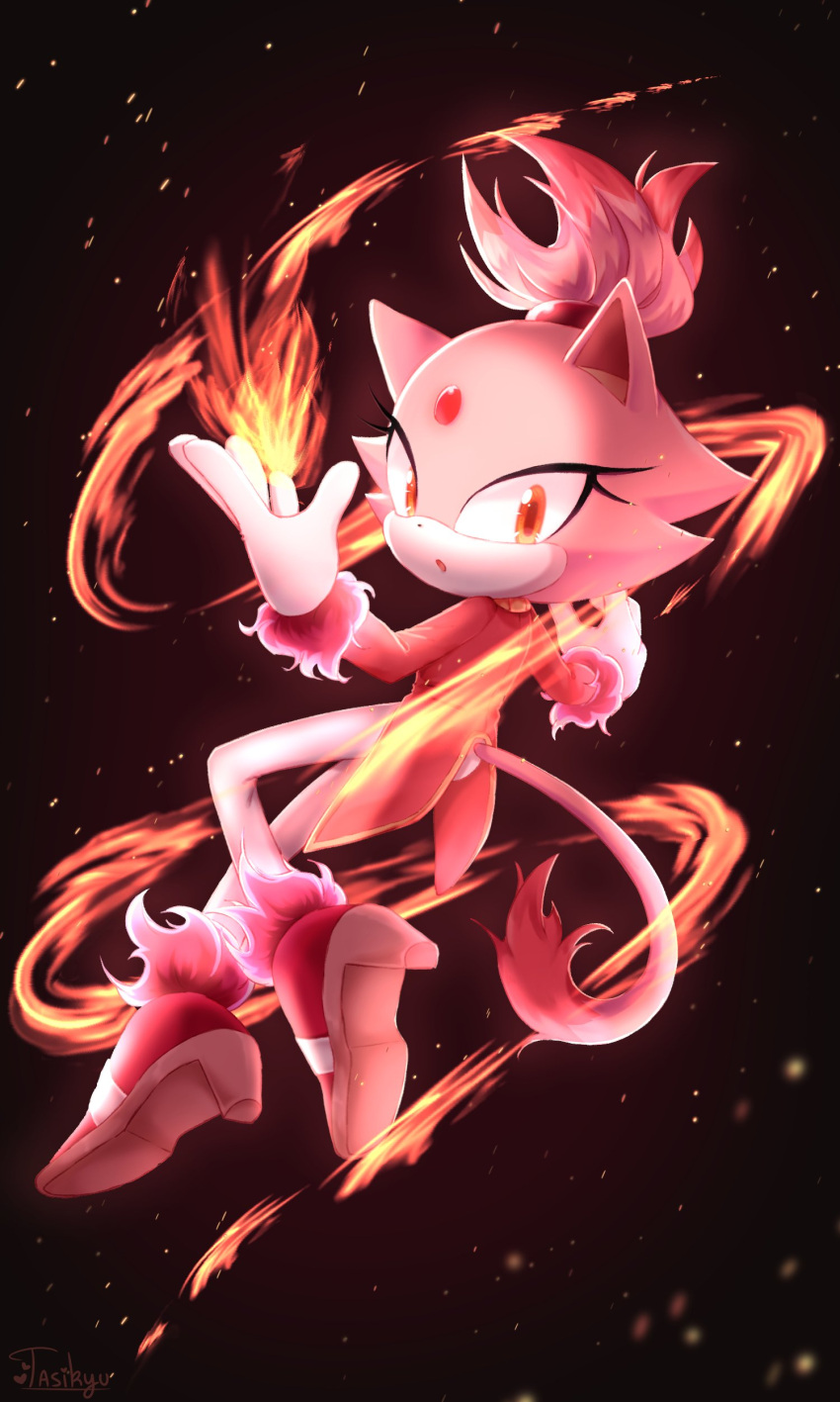 1girl absurdres blaze_the_cat burning_blaze cat_girl cat_tail eyelashes fire forehead_jewel furry furry_female gloves high_heels highres jacket looking_at_viewer looking_back open_mouth pants pink_fur ponytail red_jacket sonic_(series) sonic_rush sonic_rush_adventure tail tasikyu white_pants