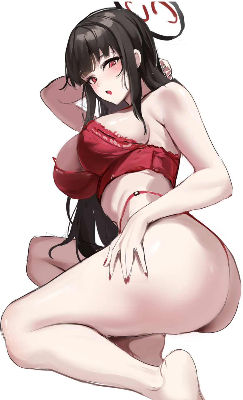 1girl arm_behind_head ass bare_shoulders black_hair blue_archive blunt_bangs bra breasts cleavage halo highleg highleg_panties highres large_breasts lingerie long_hair looking_at_viewer open_mouth panties red_bra red_eyes red_nails red_panties rio_(blue_archive) sideboob sidelocks simple_background sketch stone_(ksorede) strap_slip thong underwear white_background