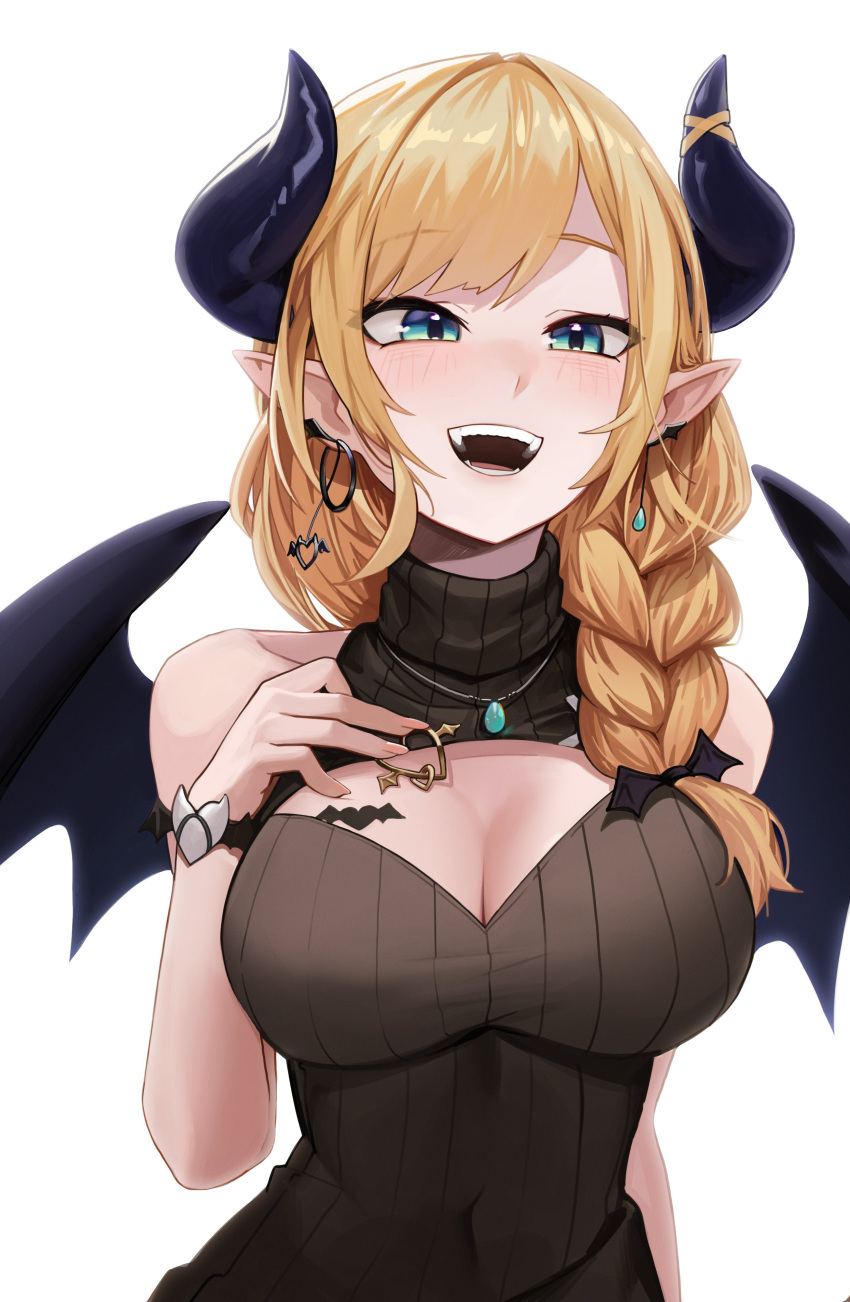 1girl absurdres anizi aqua_eyes arm_behind_back bare_shoulders bat_tattoo black_horns black_shirt black_wings blonde_hair blue_eyes blush bracelet braid breast_tattoo breasts cleavage cleavage_cutout clothing_cutout collarbone covered_navel demon_girl demon_horns demon_wings earrings eyelashes fangs gem gradient_eyes hair_over_shoulder hand_up highres hololive hoop_earrings horn_ornament horn_ring horns impossible_clothes impossible_shirt jewelry large_breasts long_hair looking_at_viewer multicolored_eyes necklace official_alternate_costume open_mouth parted_bangs pointy_ears ribbed_shirt shadow shirt sidelocks sleeveless sleeveless_shirt solo swept_bangs tattoo teeth tongue turtleneck upper_body virtual_youtuber winged_heart wings yuzuki_choco