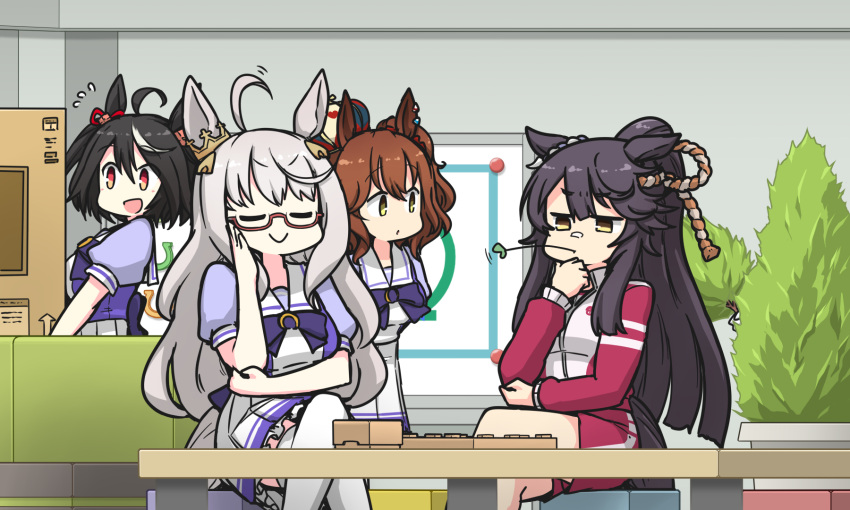 4girls :d =_= ahoge animal_ears aston_machan_(umamusume) bandaid bandaid_on_face bandaid_on_nose biwa_hayahide_(umamusume) black_hair board_game bob_cut bow bowtie box crossed_legs crown ear_ornament ear_ribbon flower_ornament frilled_skirt frills glasses hamu_koutarou highres holding holding_box horse_ears horse_girl horse_tail jacket kitasan_black_(umamusume) long_hair mini_crown mouth_hold multicolored_hair multiple_girls narita_brian_(umamusume) pants pleated_skirt ponytail puffy_short_sleeves puffy_sleeves purple_bow purple_bowtie purple_serafuku purple_shirt red-framed_eyewear red_eyes red_jacket red_ribbon red_shorts red_track_suit ribbon rope sailor_collar sailor_shirt school_uniform semi-rimless_eyewear serafuku shimenawa shirt shogi short_hair short_sleeves shorts sitting skirt smile stalk_in_mouth streaked_hair tail thighhighs tracen_school_uniform tracen_training_uniform track_jacket track_pants two-tone_hair umamusume very_long_hair wavy_hair white_hair white_skirt white_thighhighs yellow_eyes