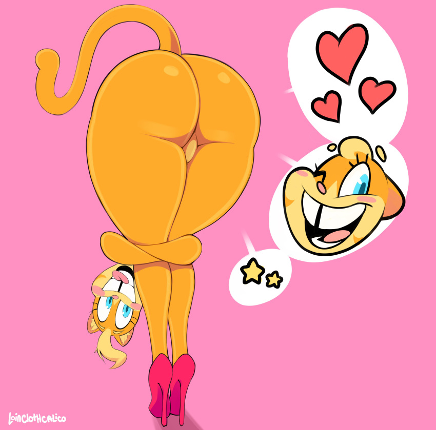 &lt;3 absurd_res anthro big_butt bite blonde_hair blue_eyes blush buckteeth butt clothing domestic_cat featureless_crotch felid feline felis female flexible footwear hair hi_res high_heels lilly_(vimhomeless) looking_at_viewer looking_back looking_back_at_viewer mammal nude one_eye_closed pink_background simple_background smile smiling_at_viewer solo speech_bubble teeth thick_thighs tongue tongue_bite vimhomeless wide_hips wink yellow_body