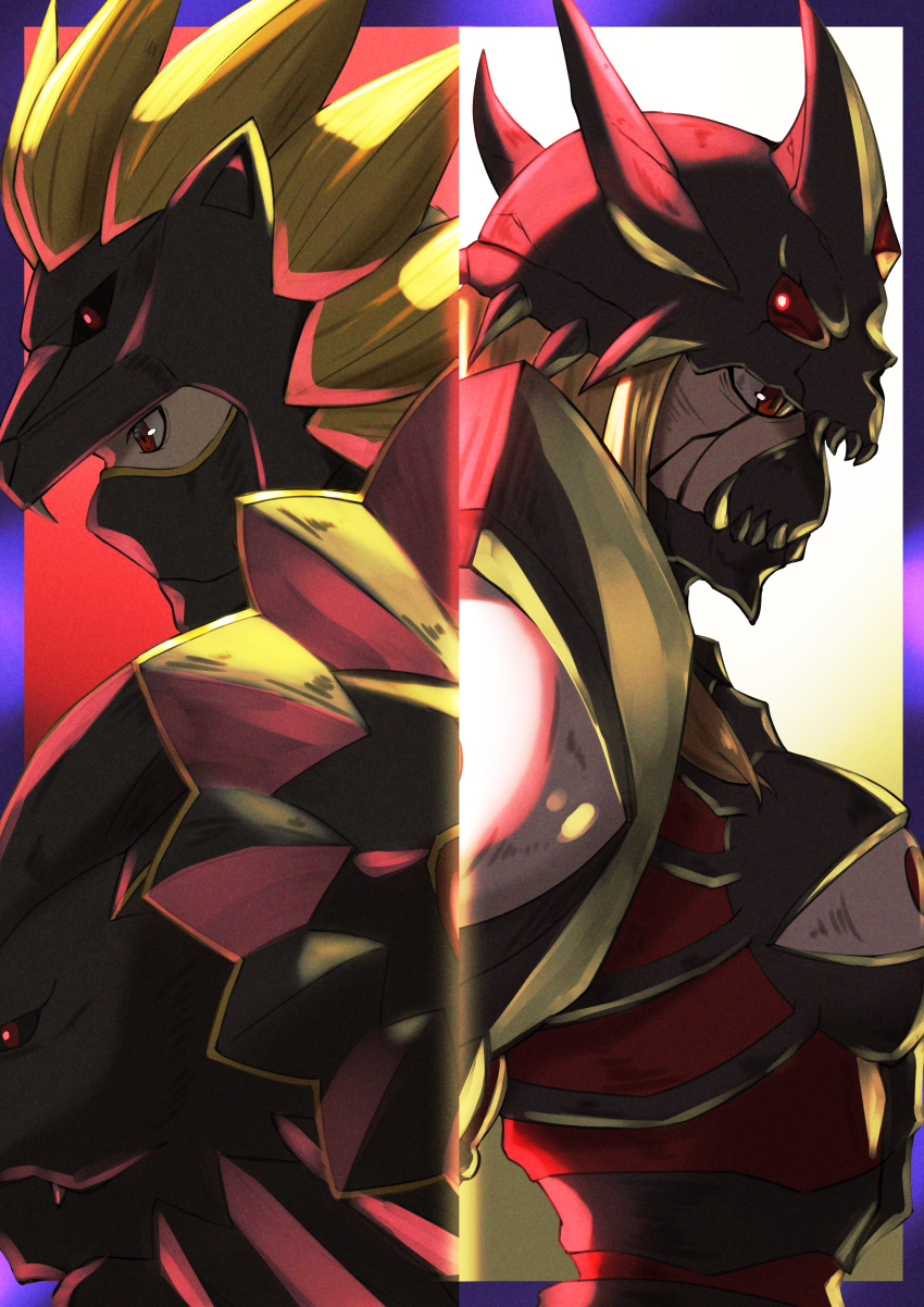 absurdres armor blonde_hair cracked_skin digimon digimon_(creature) digimon_frontier duskmon extra_eyes highres kotatsu_(nukunuku) loweemon mask profile red_eyes split_screen upper_body