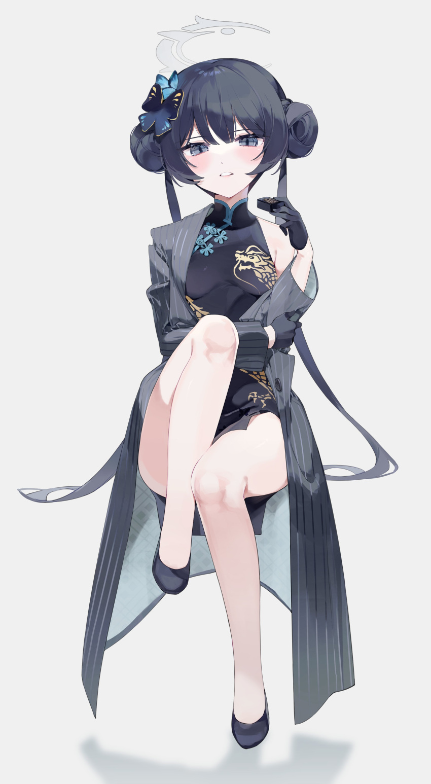 1girl absurdres bare_legs black_dress black_footwear black_gloves black_hair blue_archive blush braid braided_bun breasts butterfly_hair_ornament china_dress chinese_clothes double_bun dragon_print dress gloves grey_background grey_eyes grey_jacket grimace hair_bun hair_ornament halo highres jacket kisaki_(blue_archive) knee_up legs long_hair long_jacket meunhongcha narrowed_eyes off_shoulder open_clothes open_jacket pinstripe_jacket pinstripe_pattern simple_background sitting small_breasts solo striped twintails very_long_hair