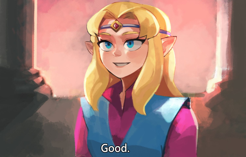 1girl 33dot blonde_hair blue_eyes blue_vest grin long_hair pointy_ears princess_zelda purple_shirt shirt smile solo subtitled teeth the_legend_of_zelda the_legend_of_zelda_(cd-i) vest