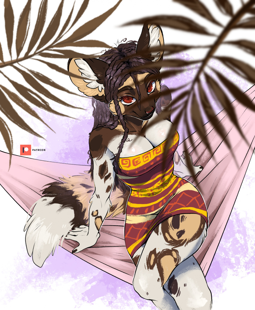 5_fingers african_wild_dog anthro breasts canid canine clothed clothing eyebrows eyelashes female fingers fur gimka hi_res looking_at_viewer mammal red_eyes smile solo white_body white_fur