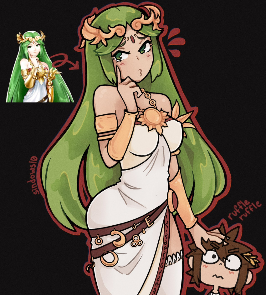 1boy 1girl armlet black_background breasts brown_hair chain cowboy_shot forehead_jewel gold_chain green_eyes green_hair hand_on_another's_head highres kid_icarus kid_icarus_uprising light_blush long_hair o3o outline palutena pit_(kid_icarus) red_outline reference_inset signature sindows10 thighhighs vambraces