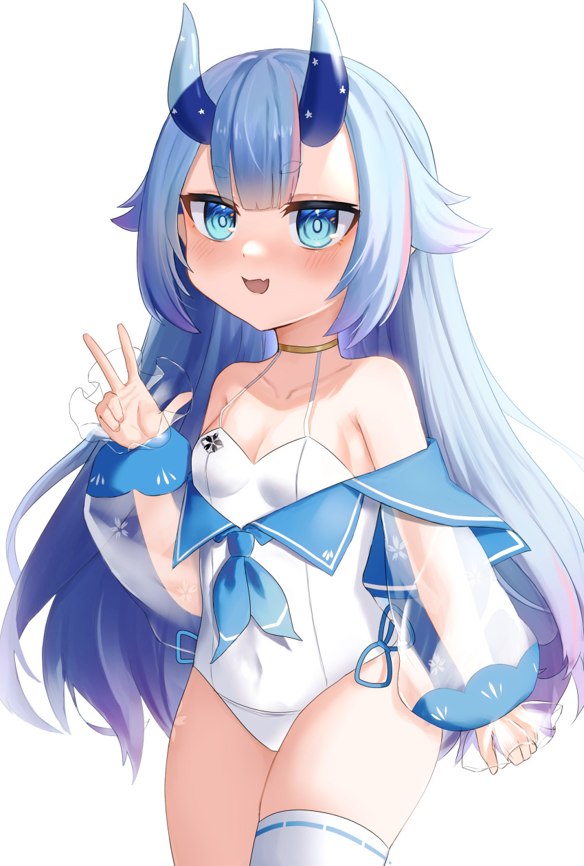 1girl absurdres alternate_color_school_swimsuit azur_lane bare_shoulders blue_eyes blue_hair blue_horns blue_sailor_collar blunt_bangs blush breasts covered_navel cowboy_shot hand_up highres horns i-13_(azur_lane) jersum long_hair looking_at_viewer one-piece_swimsuit open_mouth sailor_collar sakura_empire_(emblem) school_swimsuit see-through see-through_sleeves simple_background single_thighhigh small_breasts smile solo swimsuit thighhighs transparent_horns w white_background white_one-piece_swimsuit white_thighhighs