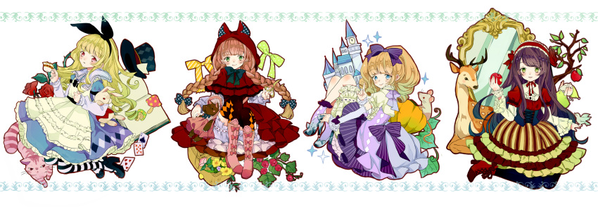4girls ace_of_spades alice_(alice_in_wonderland) alice_in_wonderland amemiya_chiyu apple big_bad_wolf_(grimm) bitten_apple black_bow black_footwear black_pantyhose blonde_hair blue_dress blue_eyes blunt_bangs blush bonnet book boots bow braid brown_hair castle cat cheshire_cat_(alice_in_wonderland) cinderella cinderella_(grimm) cup deer dress dwarf_(grimm) eight_of_diamonds_(card) five_of_hearts flower food food_bite footwear_bow fruit glass_slipper gradient_hair green_bow green_eyes grimm's_fairy_tales hat high_heels highres holding holding_cup holding_food holding_fruit holding_scissors index_finger_raised kneeling little_red_riding_hood little_red_riding_hood_(grimm) long_hair mirror mouse multicolored_hair multiple_girls mushroom open_book pantyhose picnic_basket polka_dot polka_dot_bow pumpkin purple_bow purple_socks rabbit red_eyes red_flower red_footwear red_rose rose scissors smile snow_white snow_white_(grimm) socks spade_(shape) striped striped_bow striped_pantyhose teacup thorns top_hat tree twin_braids white_rabbit_(alice_in_wonderland) yellow_flower