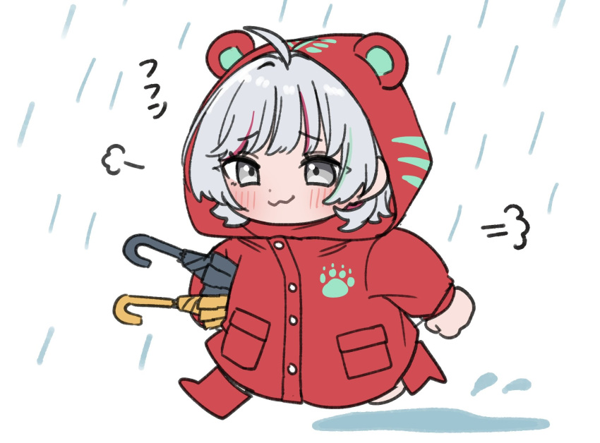 1girl :3 ahoge animal_ear_hood blush boots carrying carrying_under_arm chibi closed_mouth coat commentary_request full_body grey_eyes grey_hair highres holding holding_umbrella hood hood_up ishigami_nozomi kashikaze long_hair long_sleeves multicolored_hair nijisanji no_heterochromia rain raincoat red_coat red_hair rubber_boots smile solo two-tone_hair umbrella virtual_youtuber walking white_background