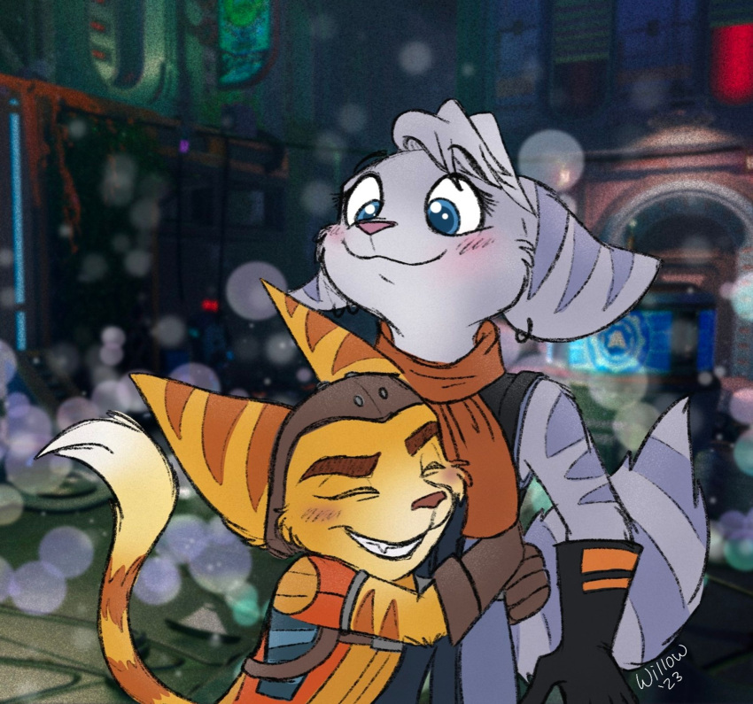 &lt;3 blue_eyes blush clothed clothing duo ear_piercing ear_ring embrace female fluffy fluffy_tail gloves handwear hi_res hug littlelombaxart lombax love male mammal piercing ratchet ratchet_and_clank ring_piercing rivet_(ratchet_and_clank) romantic romantic_ambiance romantic_couple scarf smile smiling_at_partner sony_corporation sony_interactive_entertainment tail white_body yellow_body