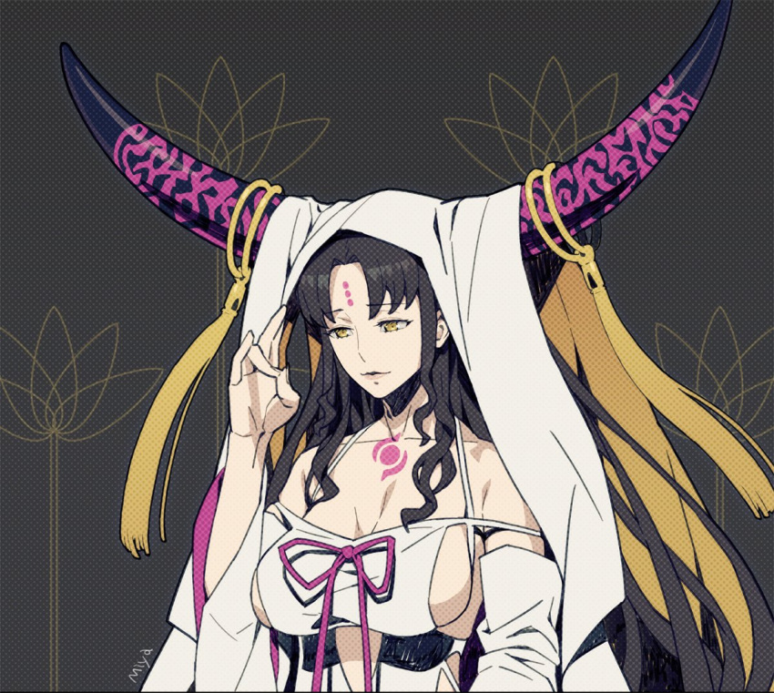 1girl artist_name black_hair black_horns breasts chest_tattoo cleavage closed_mouth commentary commission detached_sleeves dress facial_mark fate/extra fate/extra_ccc fate/grand_order fate_(series) forehead_mark grey_background hand_up horn_ornament horn_ring horns large_breasts light_smile lips long_hair long_sleeves looking_afar looking_down miya_hellride mudra multicolored_horns parted_bangs pink_horns pink_ribbon ribbon sessyoin_kiara sideboob solo tassel tattoo upper_body vitarka_mudra white_dress white_veil wide_sleeves yellow_eyes