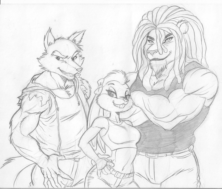 2016 alexander_(mash) anthro athletic athletic_female black_and_white bow_ribbon bra canid canine canis chochi clothing crossed_arms dreadlocks facial_hair felid female fur graphite_(artwork) group hand_on_hip hare hi_res lagomorph larger_male leporid lion looking_at_viewer male mammal mohawk monochrome muscular muscular_anthro muscular_male pantherine pencil_(artwork) seizobaru simple_background size_difference sleeveless_shirt smaller_female smile smiling_at_viewer sports_bra traditional_media_(artwork) trio underwear wolf
