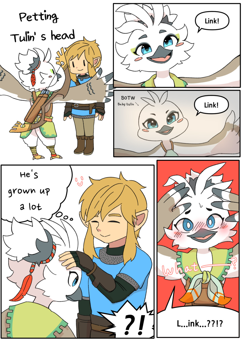 anthro arrow_(weapon) avian avian_feet blonde_hair blush bodily_fluids bow_(weapon) clothed clothing comic container duo english_text fchicken feather_hands feathers hair hi_res humanoid humanoid_pointy_ears hylian invalid_tag link nintendo petting_head ranged_weapon rito shy smile speech_bubble sweat tears_of_the_kingdom text the_legend_of_zelda tulin_(tloz) weapon white_body