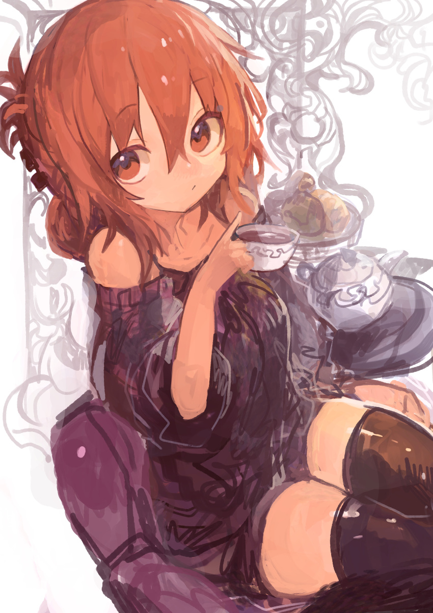1girl :/ absurdres alternate_costume black_sweater black_thighhighs brown_eyes brown_hair closed_mouth cowboy_shot cup folded_ponytail hair_between_eyes highres holding holding_cup inazuma_(kancolle) kaamin_(mariarose753) kantai_collection long_hair long_sleeves looking_at_viewer sitting solo sweater tea thighhighs