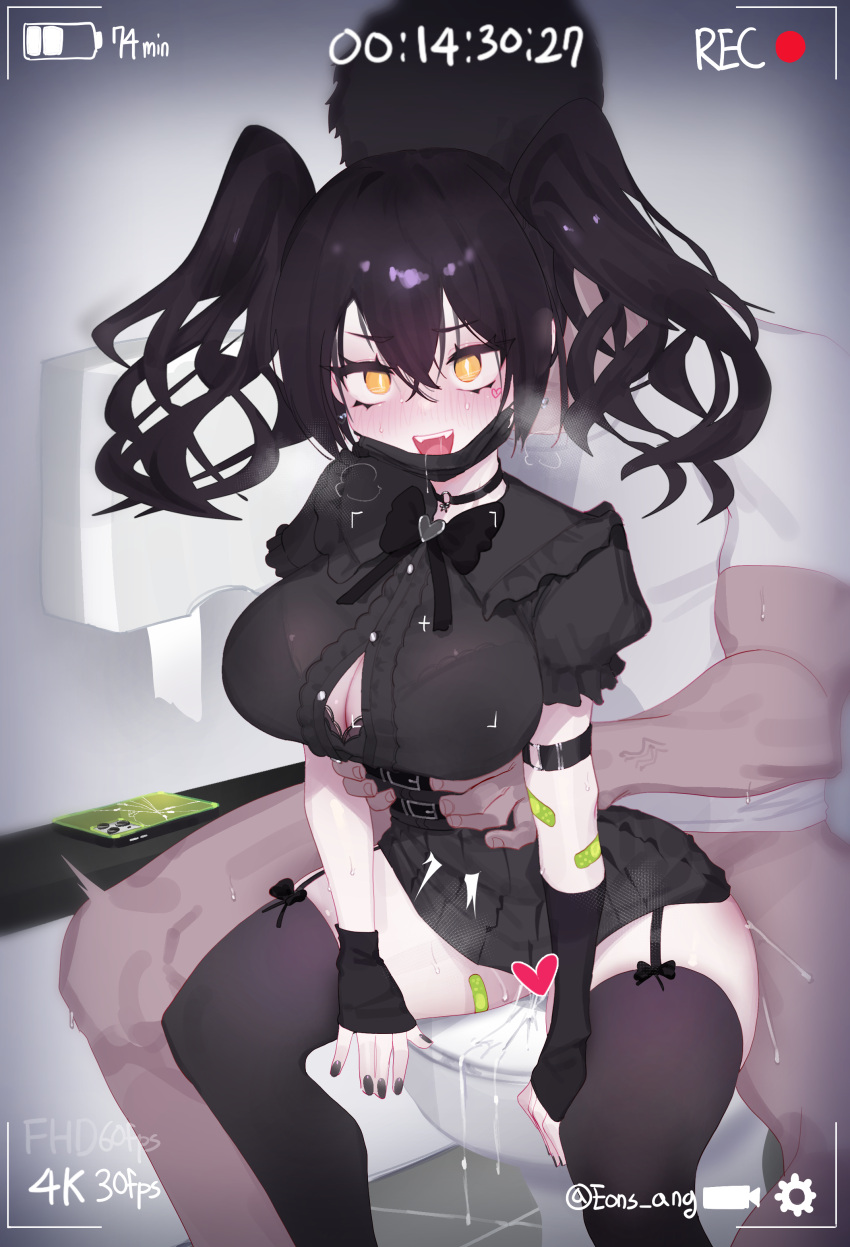 1boy 1girl absurdres arm_strap bandaid bandaid_on_arm bandaid_on_leg black_bow black_bowtie black_choker black_dress black_hair black_nails black_thighhighs blush bow bowtie bra_visible_through_clothes breasts censored choker cleavage clothed_sex dress eonsang girls'_frontline hair_between_eyes heart heart_censor hetero highres large_breasts long_hair looking_at_viewer mask_pull open_mouth puffy_short_sleeves puffy_sleeves reclining scarecrow_(girls'_frontline) sex short_sleeves sitting solo_focus teeth thighhighs toilet torso_grab twintails upper_teeth_only viewfinder yellow_eyes