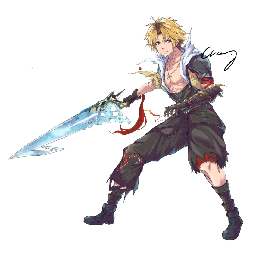 1boy black_footwear black_overalls blonde_hair blue_eyes boots crazy02oekaki final_fantasy final_fantasy_x gloves highres jewelry looking_at_viewer male_focus necklace overalls short_hair signature simple_background smile sword tidus weapon white_background