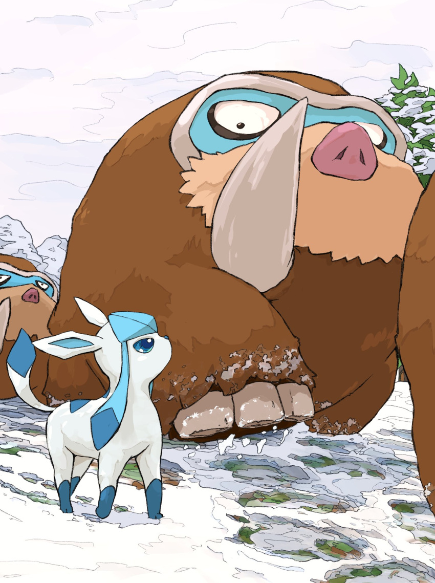 aomon_(yuuji7604) blue_eyes brown_fur glaceon highres mamoswine no_humans pine_tree pokemon pokemon_(creature) snow snow_on_tree tree tundra walking winter