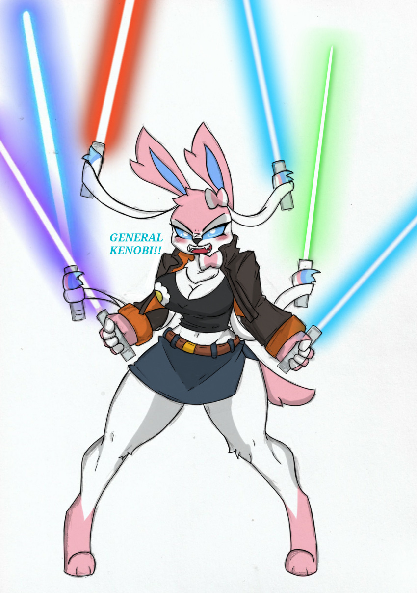 absurd_res anthro big_breasts blush breasts eeveelution female generation_6_pokemon hi_res lightsaber melee_weapon nintendo pace-maker pokemon pokemon_(species) small_waist solo star_wars sylveon thick_thighs weapon wide_hips