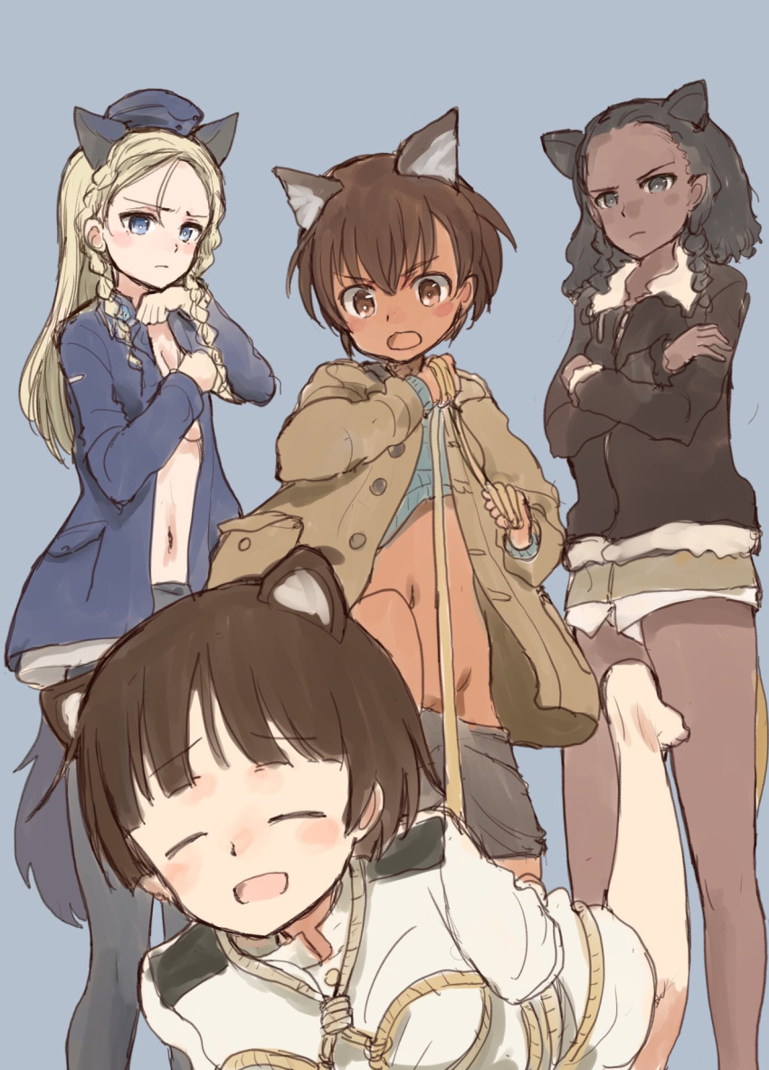 4girls animal_ears bdsm black_hair blonde_hair blue_eyes bondage bound braid brown_eyes brown_hair cat_ears cat_tail closed_eyes closed_mouth clothes_pull dog_ears dog_tail fur_coat grey_hair groin highres kullamas_blengkam leigh_andrea_archer multiple_girls murayama_kei open_mouth pants pants_pull sakomizu_haruka short_hair simple_background strike_witches:_suomus_misfits_squadron tail twin_braids vesna_mikovic world_witches_series