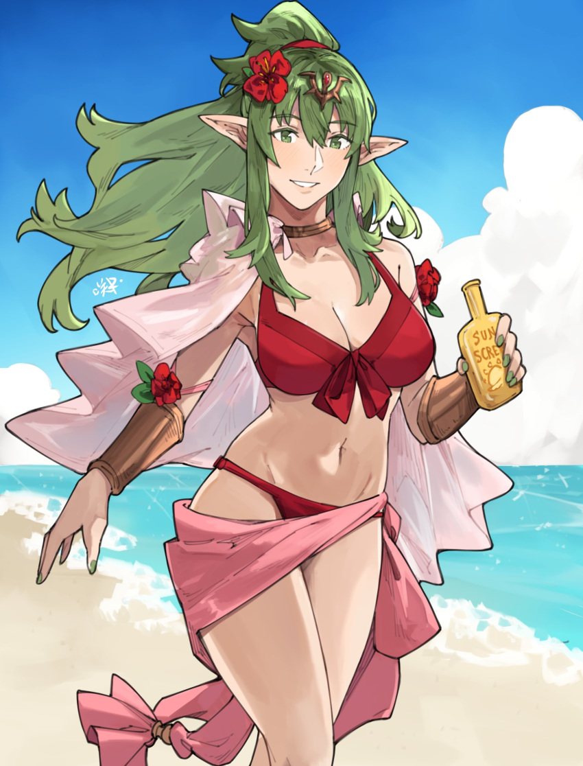 1girl beach bikini bottle bracelet choker fire_emblem fire_emblem_awakening fire_emblem_heroes flower green_eyes green_hair hair_flower hair_ornament hair_ribbon highres holding holding_bottle jewelry looking_at_viewer lotion nail_polish navel official_alternate_costume parted_lips pink_nails pink_scarf pointy_ears ponytail red_bikini red_ribbon ribbon sakuremi sarong scarf smile solo sunscreen swimsuit tiara tiki_(adult)_(fire_emblem) tiki_(adult)_(summer)_(fire_emblem) tiki_(fire_emblem)