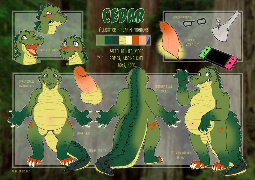 alligator alligatorid angry animal_genitalia animal_penis anthro belly belly_overhang belly_scales bong casual_nudity cedar_(pampergaytor) chubby_belly chubby_male clawed_fingers claws crocodilian crocodilian_penis drackypoof drugs eyewear genitals glasses green_body green_eyes green_scales hi_res humanoid_genitalia humanoid_penis male model_sheet navel nintendo nintendo_switch nude overweight overweight_male pacifier penis reptile scales scalie scaly_tail slightly_chubby smile solo tail toe_claws