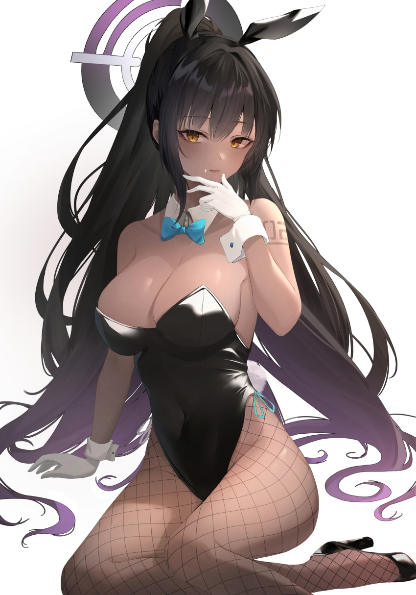 1girl animal_ears aqua_bow aqua_bowtie arm_support bare_shoulders black_footwear black_leotard blue_archive bow bowtie breasts cleavage collarbone cream cream_on_face dark-skinned_female dark_skin detached_collar dot_nose fake_animal_ears fake_tail fishnet_pantyhose fishnets food food_on_face full_body gloves halo high_heels high_ponytail highleg highleg_leotard highres invisible_floor karin_(blue_archive) karin_(bunny)_(blue_archive) large_breasts leotard long_hair looking_at_viewer multicolored_hair number_tattoo official_alternate_costume pantyhose playboy_bunny purple_hair rabbit_tail sellf side-tie_leotard simple_background sitting slit_pupils smile solo strapless strapless_leotard streaked_hair tail tattoo two-tone_hair very_long_hair white_background white_gloves yellow_eyes yokozuwari