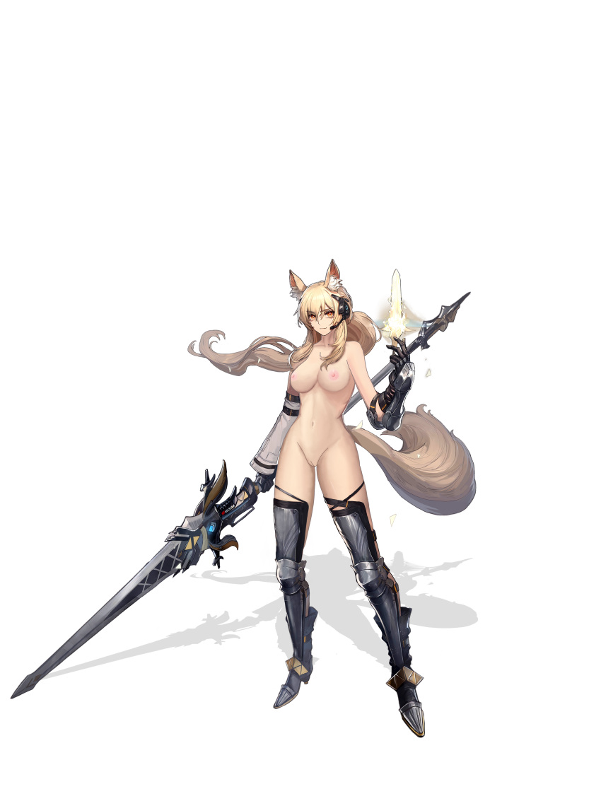 absurdres animal_ear_fluff animal_ears arknights armored_boots black_gloves blonde_hair boots breasts brown_eyes energy_spear gauntlets gloves headset highres horse_ears horse_girl horse_tail kkjjiioo knee_pads large_breasts leg_armor long_hair navel nearl_(arknights) nearl_the_radiant_knight_(arknights) nipples nude shin_guards tail uncensored