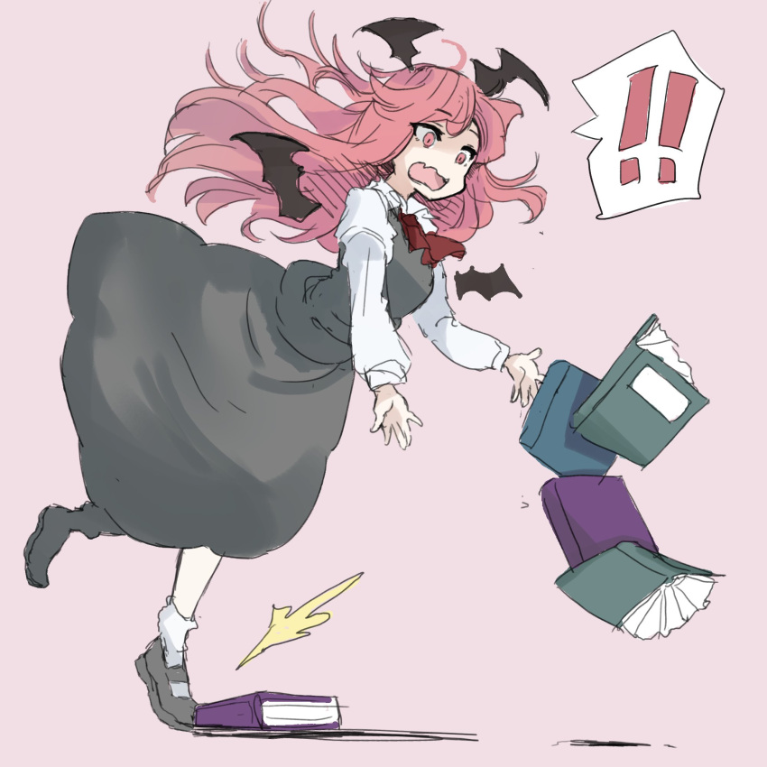 ! !! 1girl ascot bat_wings bifidus_(exkagerou8665) black_dress black_footwear book collared_shirt dress full_body head_wings highres koakuma long_hair long_sleeves multiple_wings one-hour_drawing_challenge open_mouth red_ascot red_eyes red_hair shirt simple_background socks solo spoken_exclamation_mark touhou tripping white_shirt white_socks wings